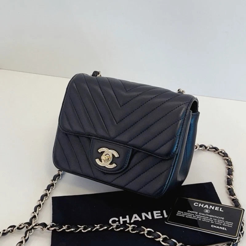 Chanel Classic Flap Chain Shoulder Bag Crossbody Black Gold Chevron Women