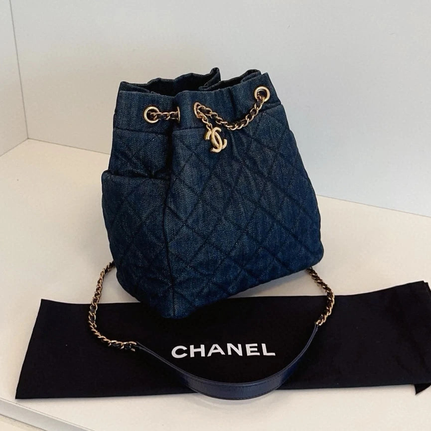 Chanel Denim Bucket Chain Shoulder Crossbody Blue Gold Diamond Women Classic
