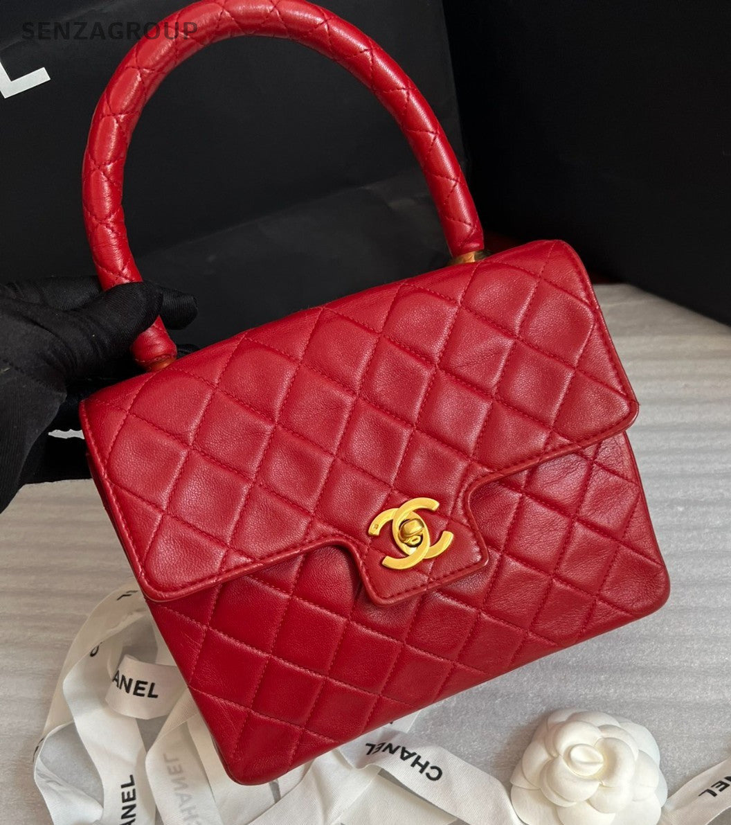 CHANEL Vintage Kelly Top Handle Diamond Pattern Handbag Red Gold Women Classic