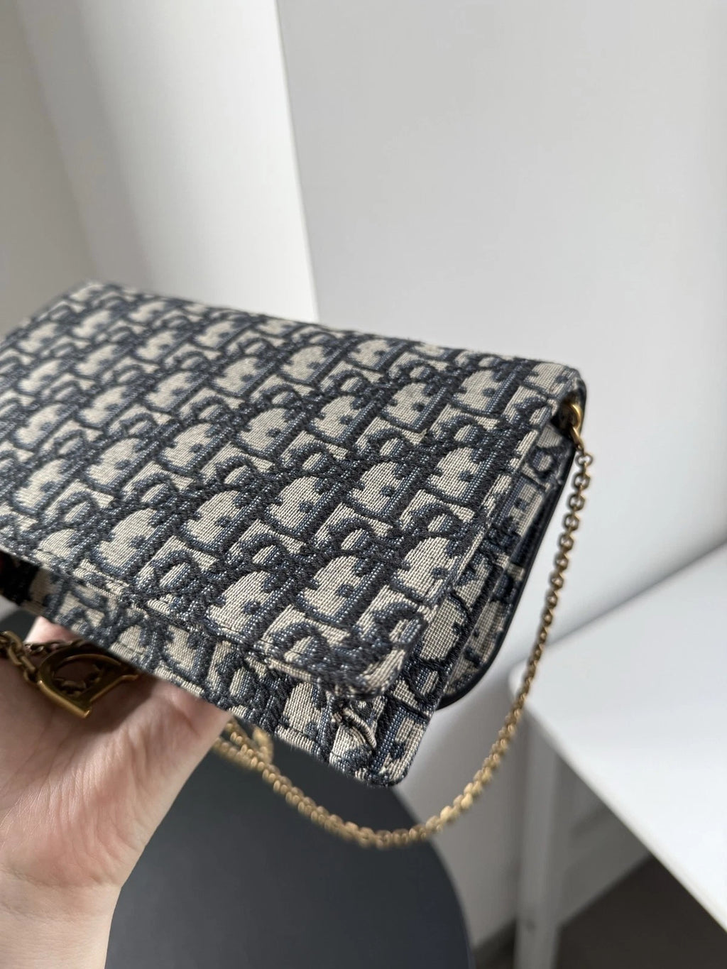 Dior Saddle Canvas Gold Blue Shoulder Bag Chain Bag Excellent
