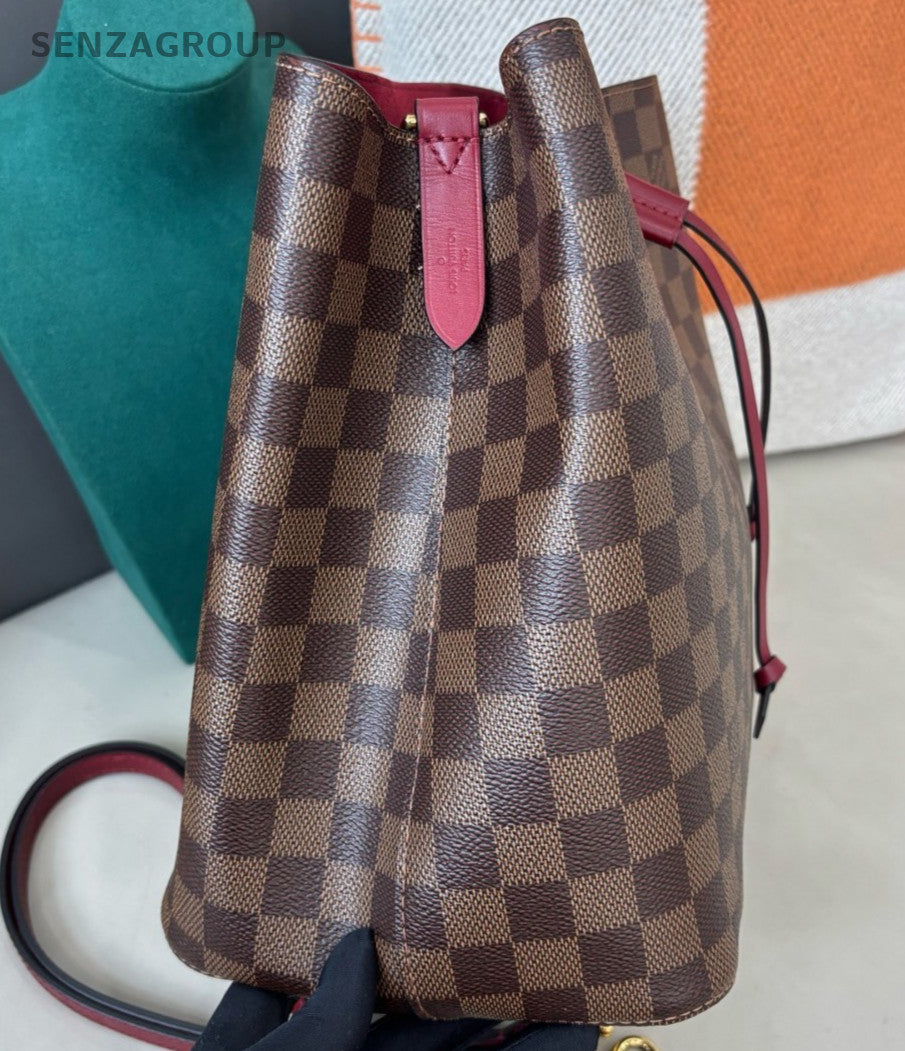 Louis Vuitton Damier Bucket MM Shoulder Bag Brown Red Gold Women Classic