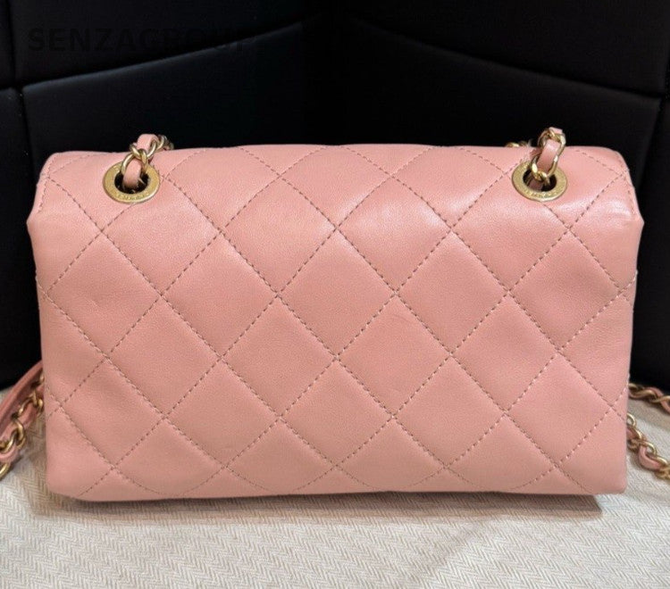 Chanel Diamond Chain Calfskin Shoulder Bag Crossbody Pink Gold Women Classic