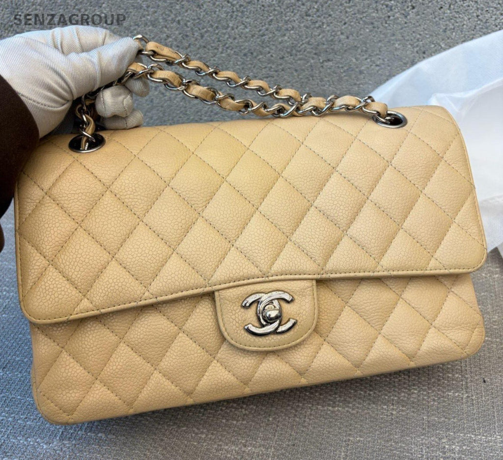 Chanel Classic Flap MM Chain Shoulder Bag Crossbody Beige Gold Women Diamond