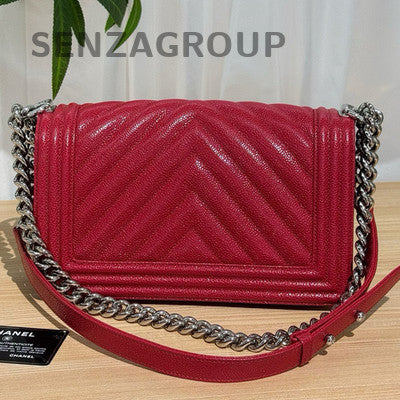 Chanel Red Silver Medium Le Boy Chain Shoulder Crossbody Bag