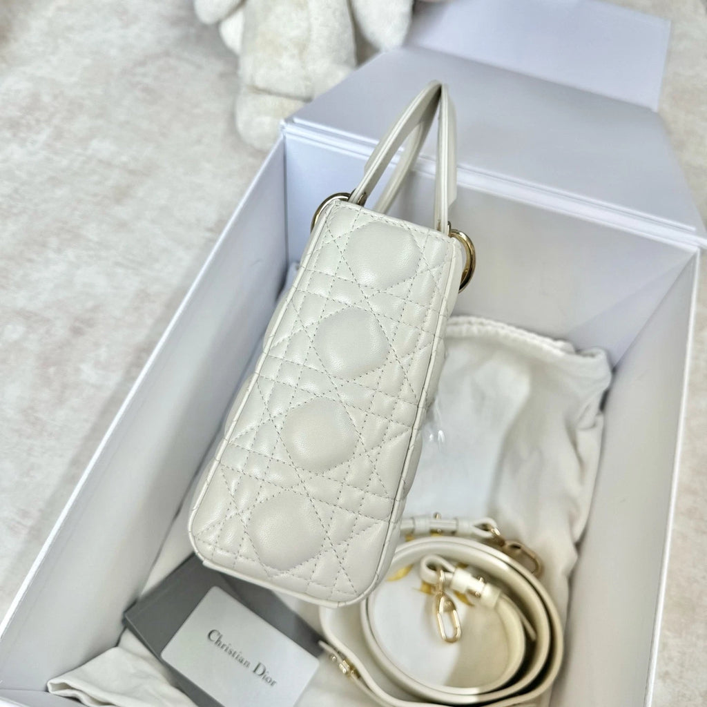 Dior White Leather 4-Grid Lady Dior Top Handle Bag For Women