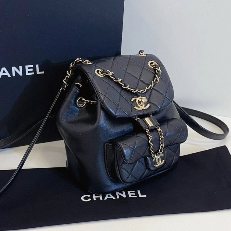 Chanel Duma Diamond Backpack Black Gold Used Women Classic