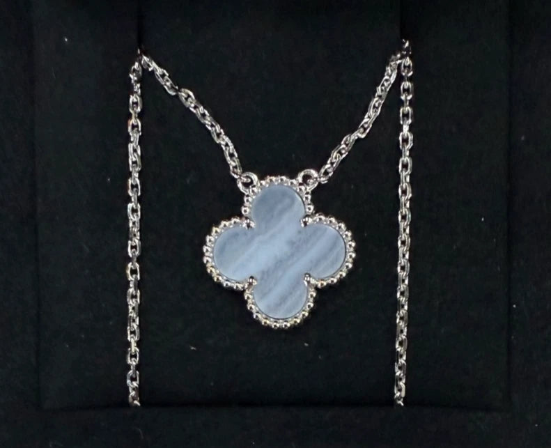 New Van Cleef &amp; Arpels Vintage Alhambra 18K White Gold Necklace Chalcedony