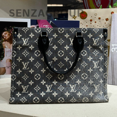 Louis Vuitton Onthego MM Denim Monogram Grey Tote Bag Women's Classic