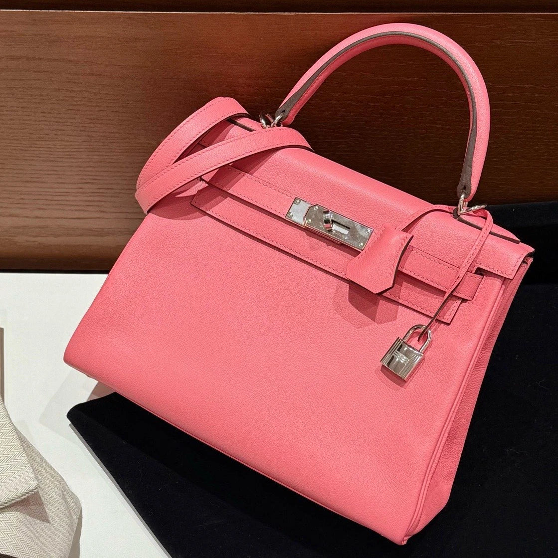 Hermes Kelly28 Top Handle Crossbody Pink Silver Women Fashion Classic