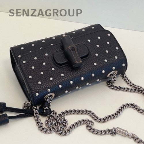 Gucci Miss Bamboo Chain Shoulder Bag Black Silver Women Classic Fashion