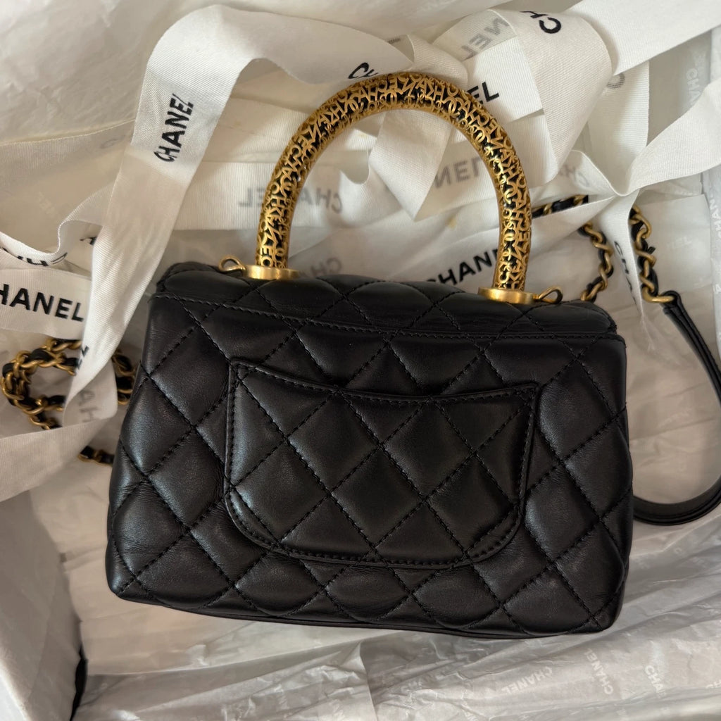 Chanel Cocohandle Mini Chain Lambskin Top Handle Crossbody Black Gold Women