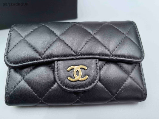 Chanel Diamond Calfskin Wallet Black Gold Used Women Classic Fashion