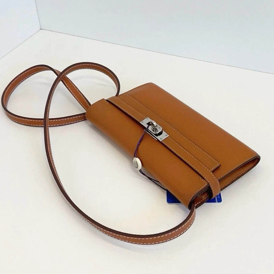 Authentic Hermes Kelly Long Wallet Epsom Shoulder Crossbody Bag Brown SHD