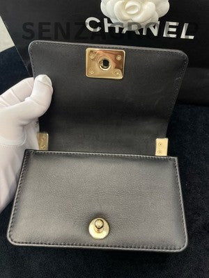 Chanel V-Stitch Le Boy Mini Black Gold Hardware Shoulder Crossbody Bag