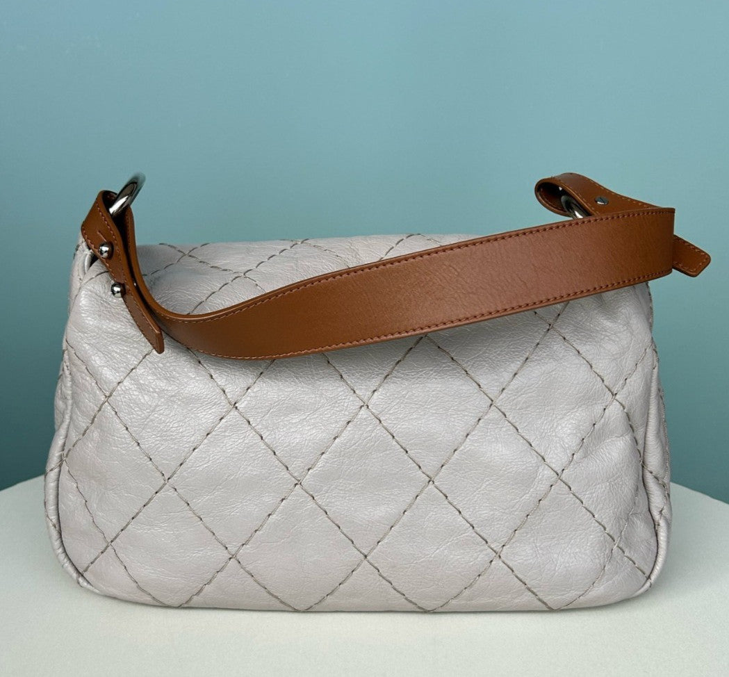 Chanel Diamond Calfskin Top Handle Shoulder Bag White Silver Women Classic