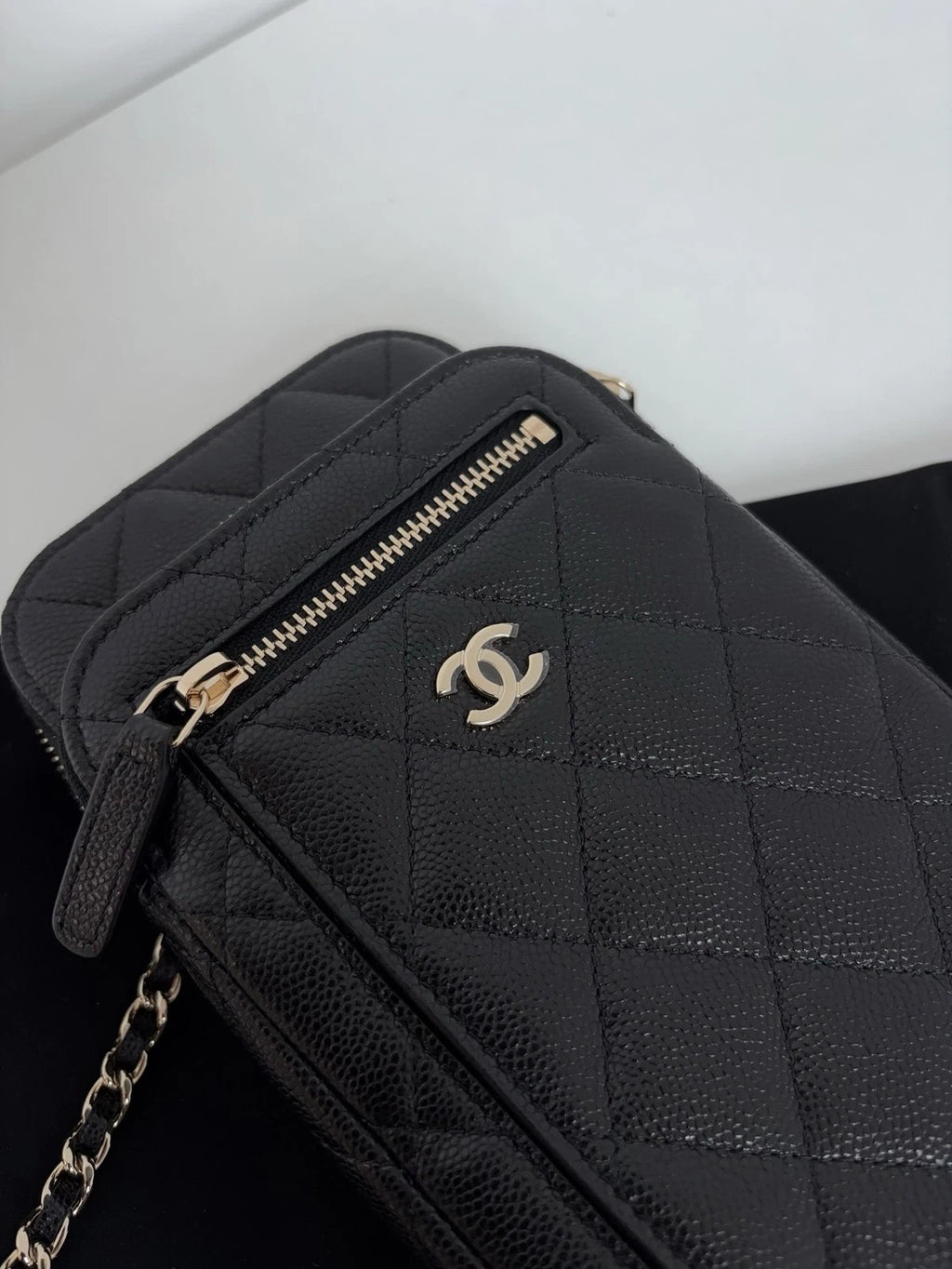 New Chanel Calfskin Phone Bag Gold Chain Black Crossbody Diamond