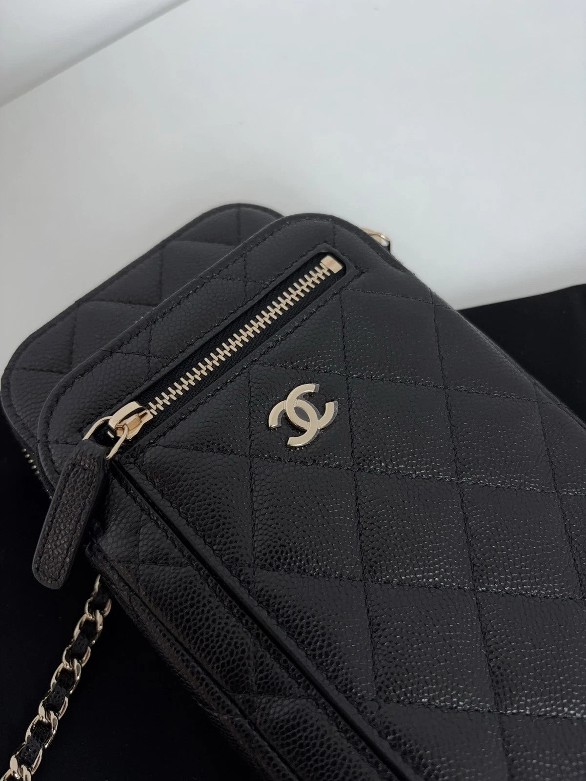 New Chanel Calfskin Phone Bag Gold Chain Black Crossbody Diamond