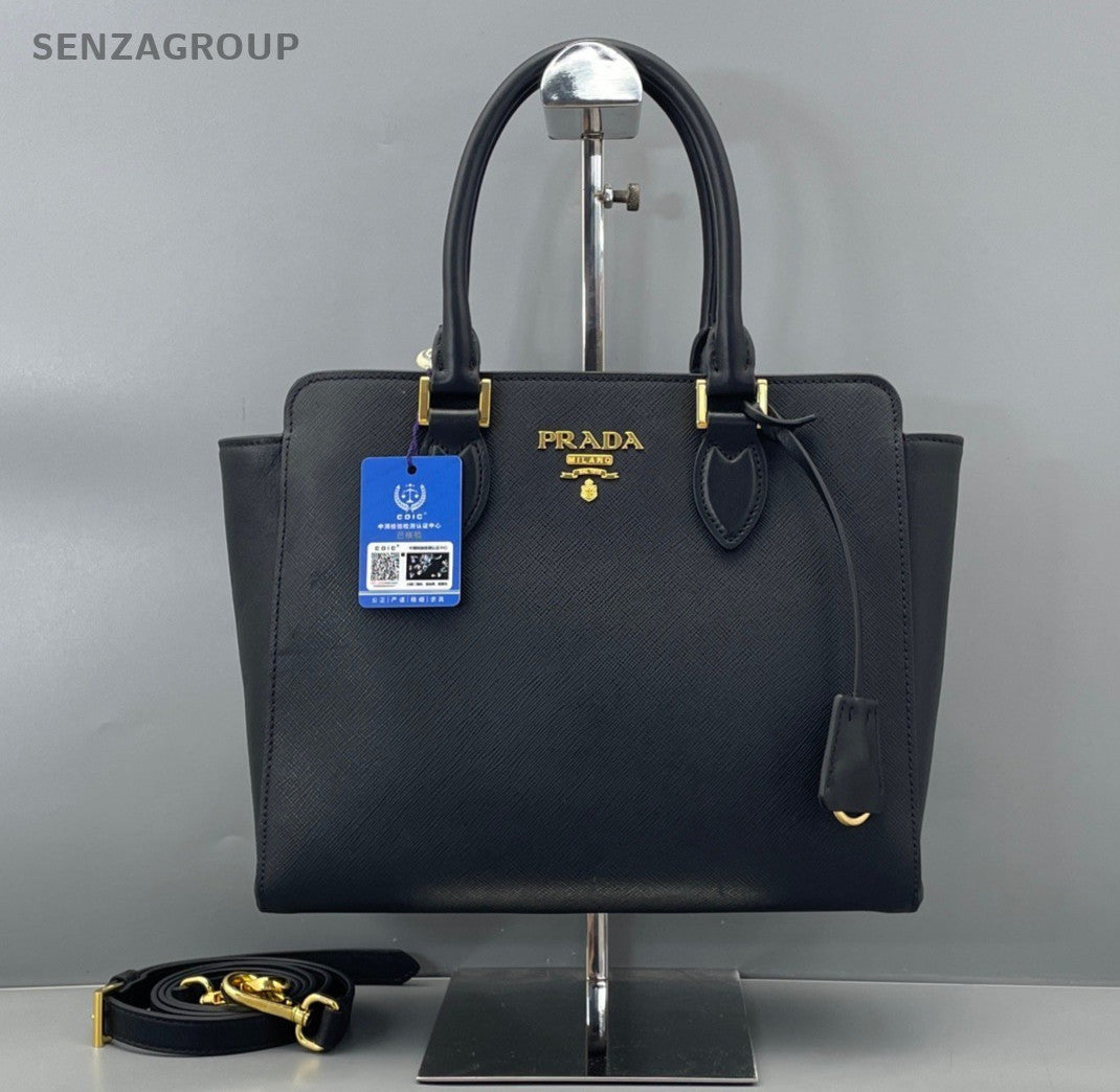 Prada Galleria 2Way Top Handle Bag Crossbody Black Gold Women Classic
