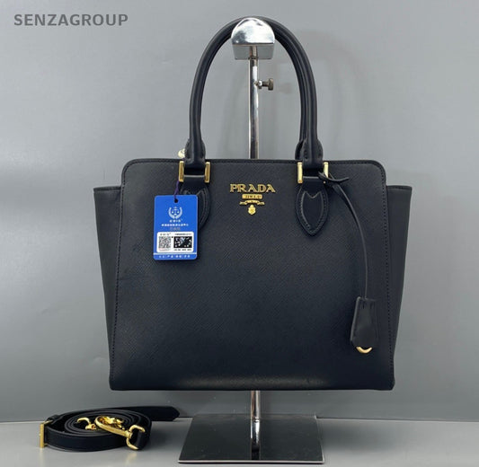 Prada Galleria 2Way Top Handle Bag Crossbody Black Gold Women Classic