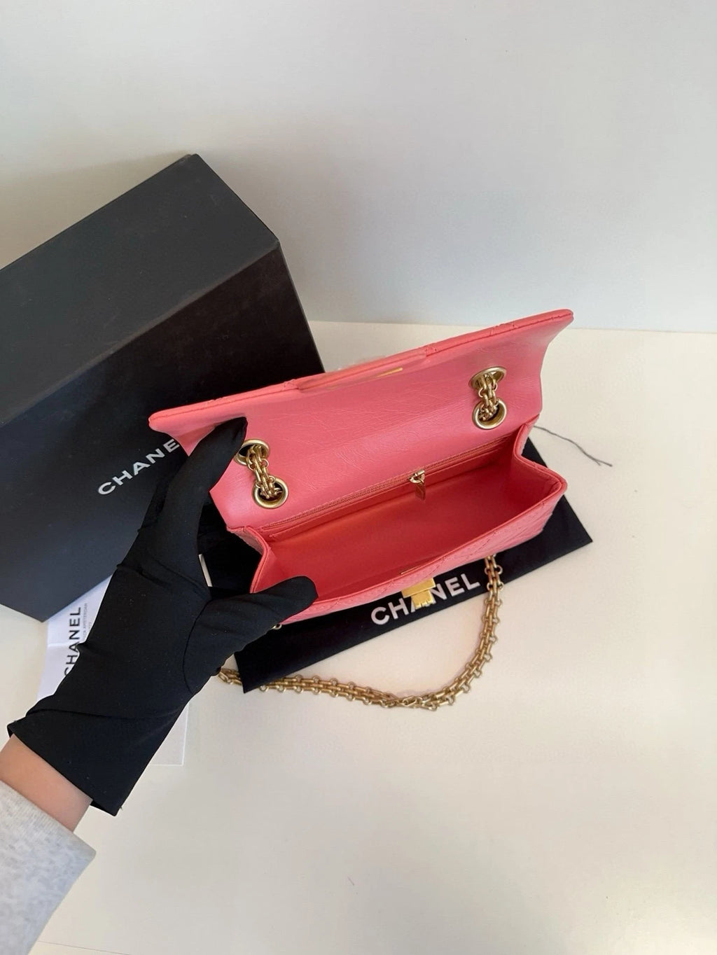 Chanel 2.55 Large Mini Peach Pink Gold Leather Crossbody Women