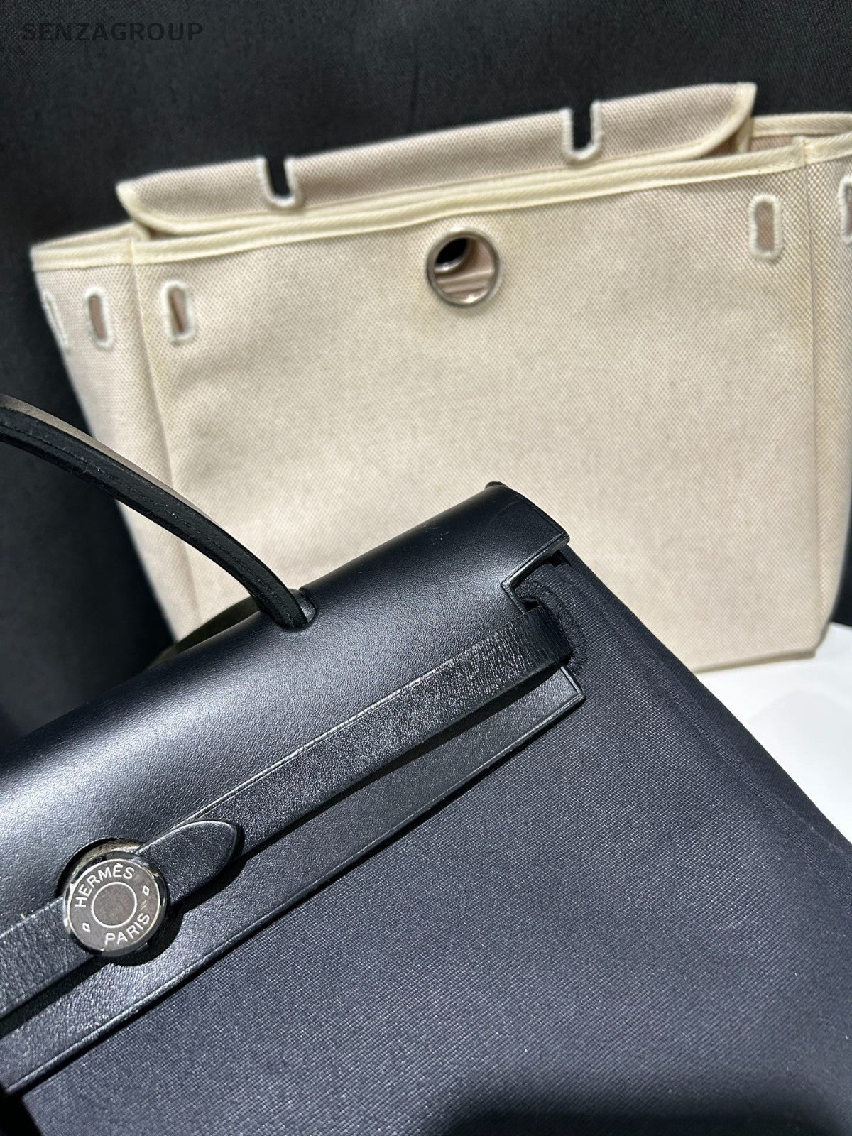 Hermes Herbag31 Top Handle Canvas Shoulder Handbag Black White Classic