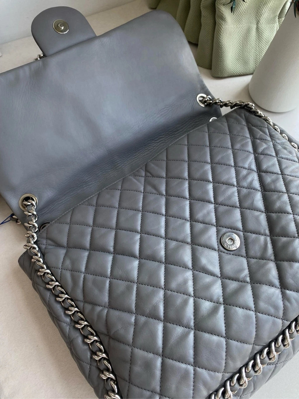 CHANEL Gray Silver Trim Chain Airport Tote Bag For Women