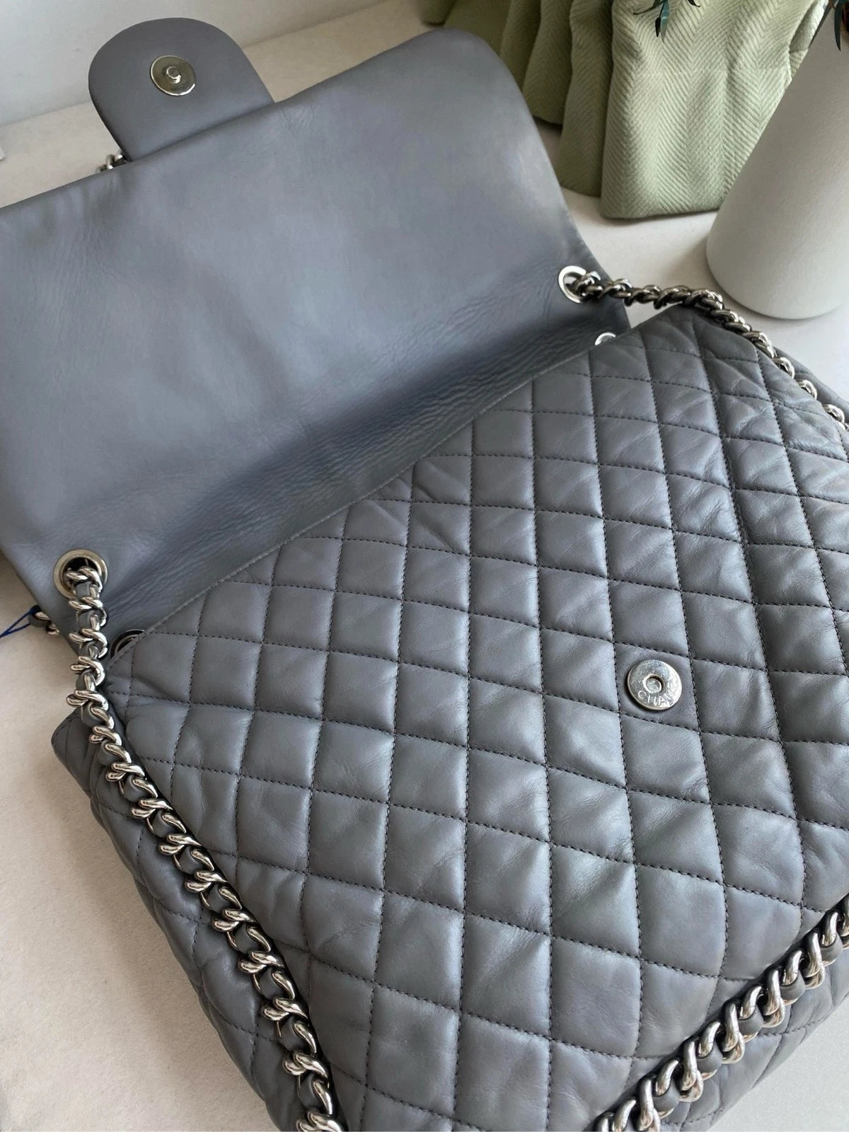 CHANEL Gray Silver Trim Chain Airport Tote Bag For Women