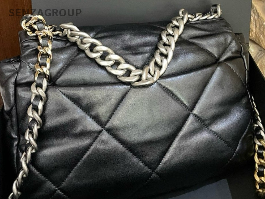 Chanel 19 MM Chain Shoulder Bag Black Silver Gold Women Classic Diamond