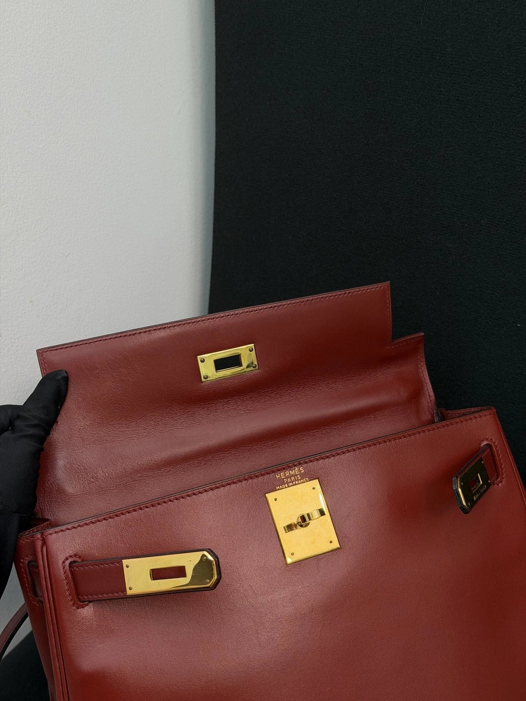 Hermes Kelly28 Top Handle Bag Crossbody Red Gold Used Women Classic Fashion