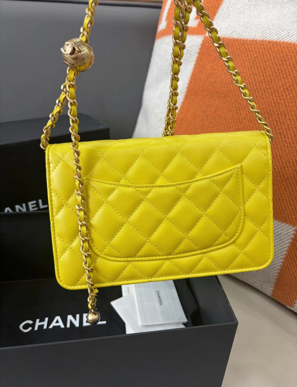 Chanel Diamond WOC Chain Shoulder Bag Crossbody Yellow Gold Used Women Classic