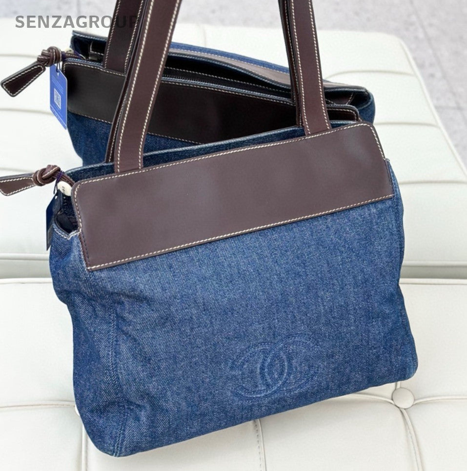 Chanel Denim Tote Shoulder Bag Blue Brown Used Women Classic Vintage