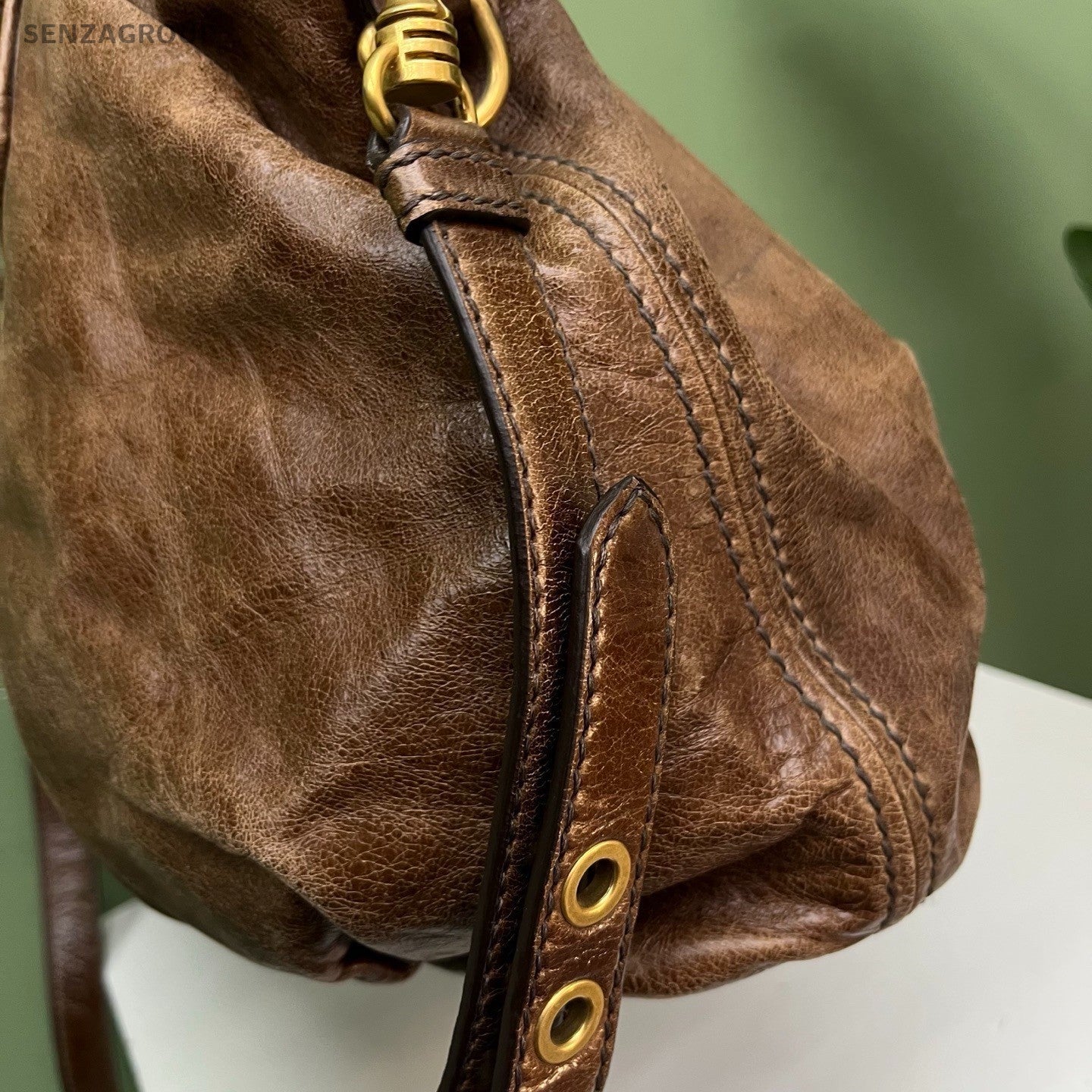 Miu Miu Coffer 2Way Crossbody Top Handle Bag Brown Gold Women Classic Fashion