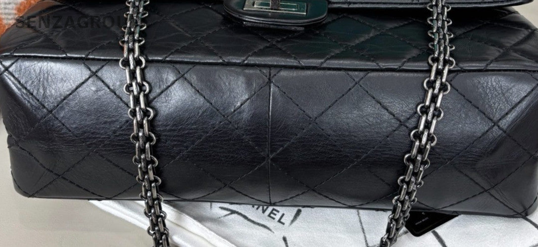 Chanel 2.55 MM Chain Shoulder Bag Black Silver Used Women Classic Diamond