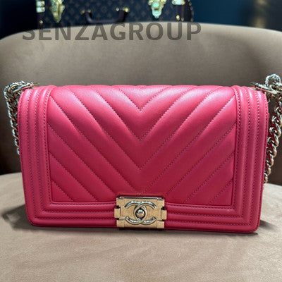 Chanel Le Boy Classic Calfskin Chain Shoulder Bag Small Red Silver