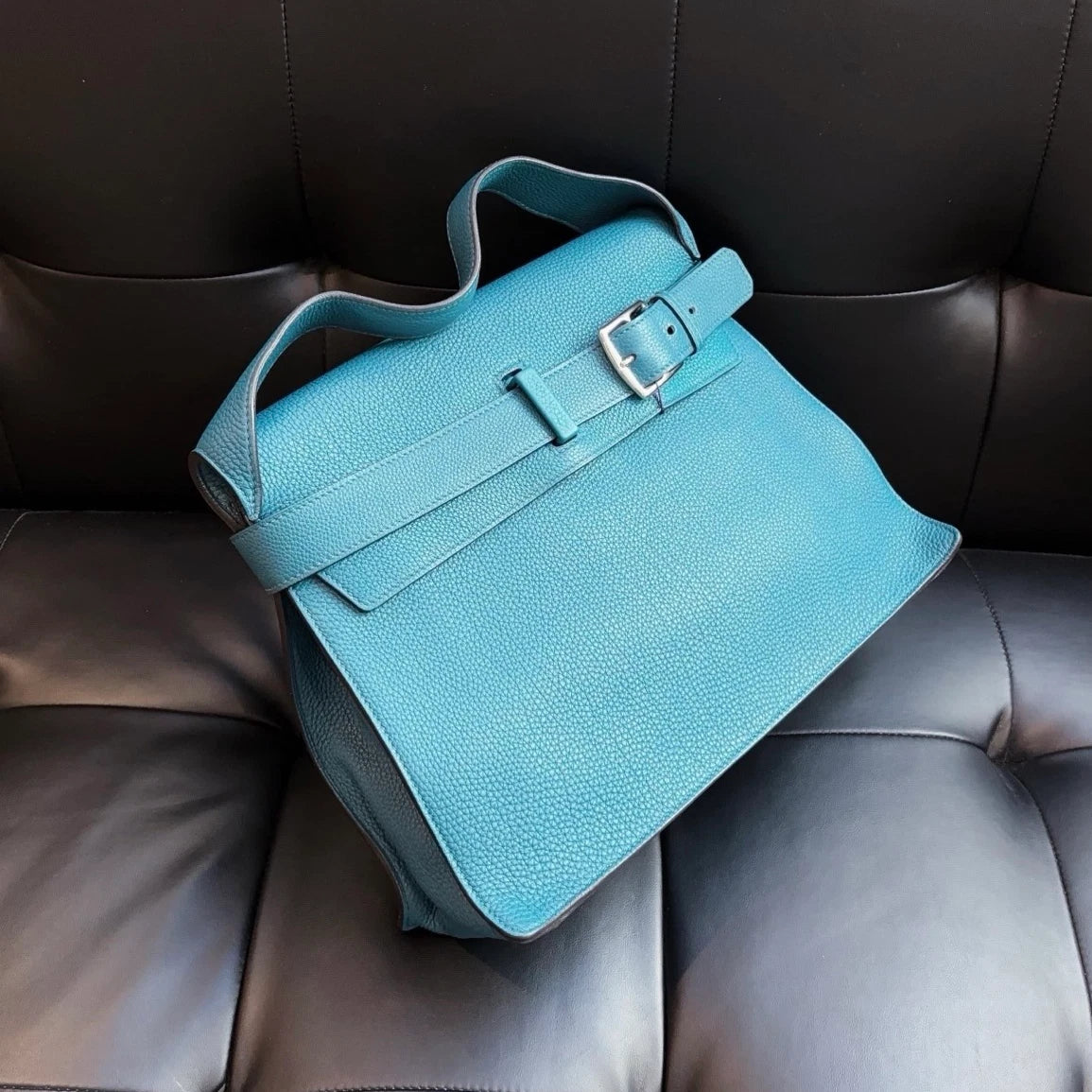 Hermes Etribelt33 Togo Leather Top Handle Bag Blue Silver Women Classic
