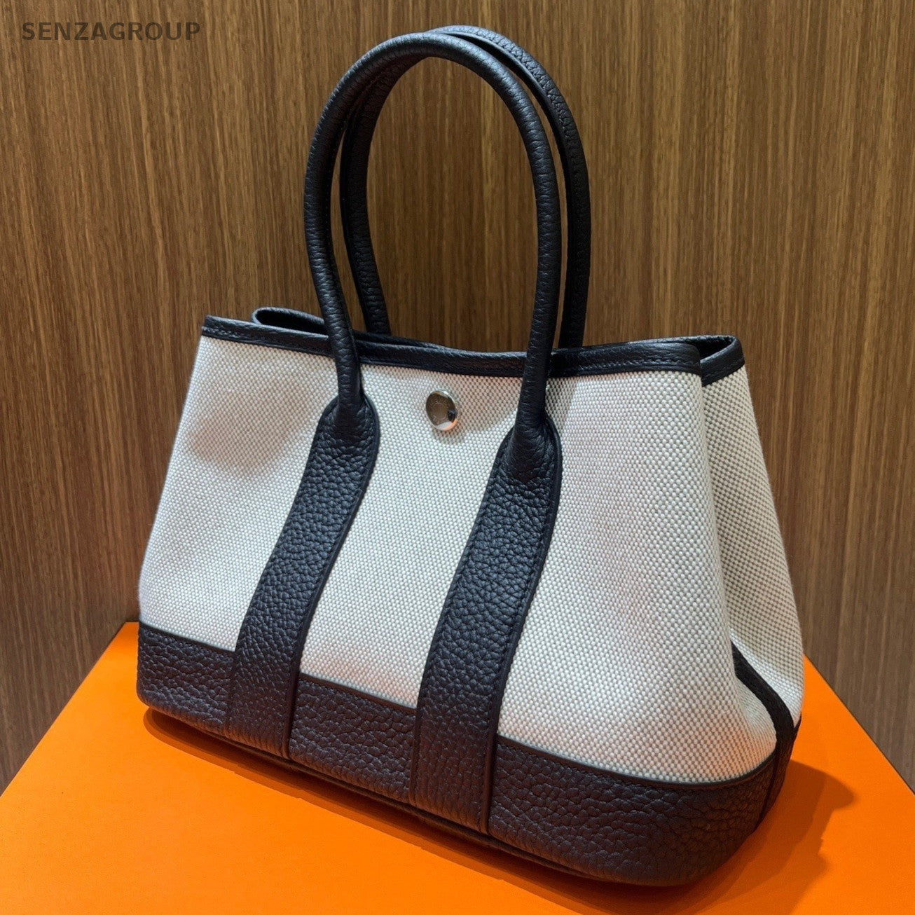 Hermes Garden Party Mini Top Handle Bag White Black Silver Used Women Classic