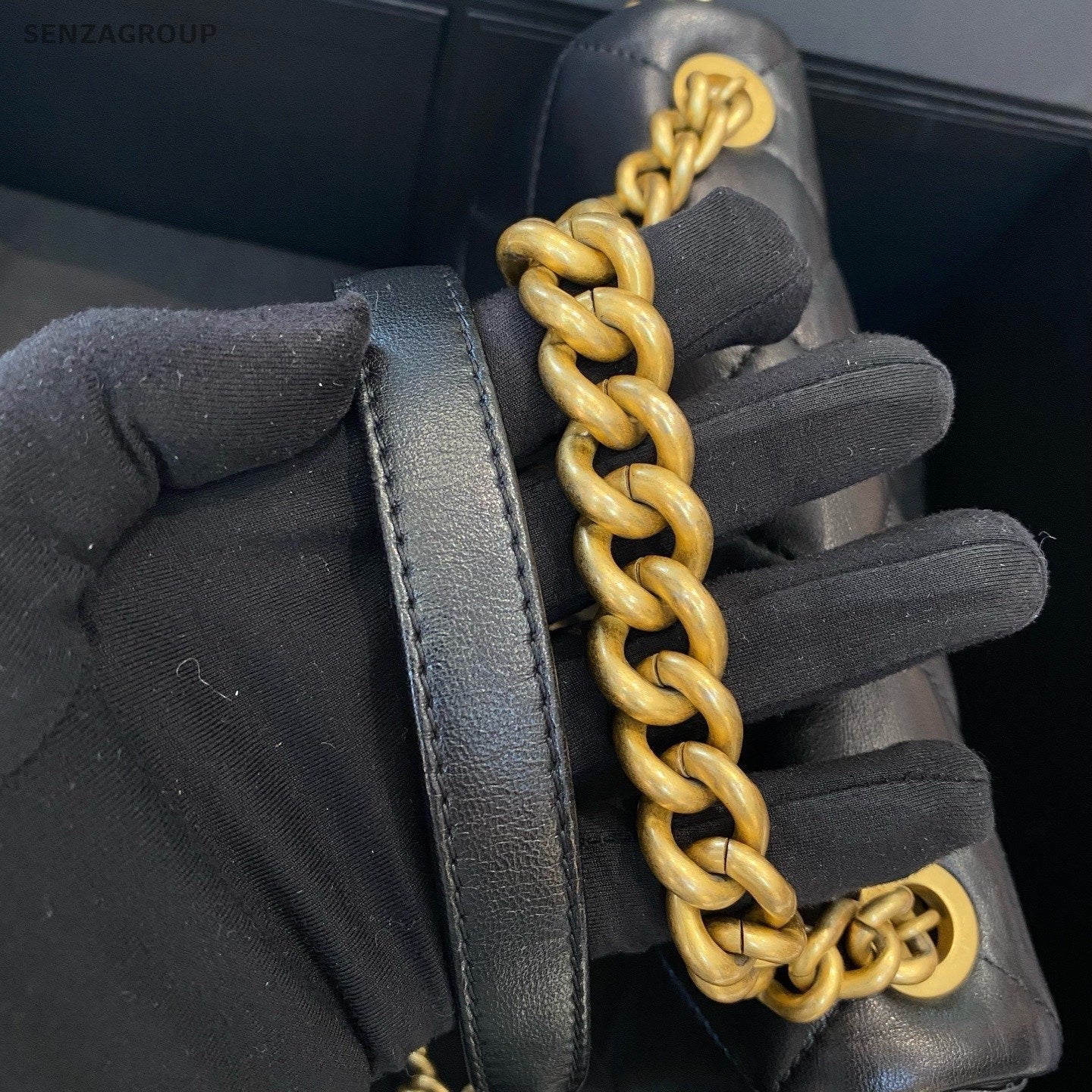 Chanel Diamond Chain Top Handle Shoulder Crossbody Black Gold Women Classic