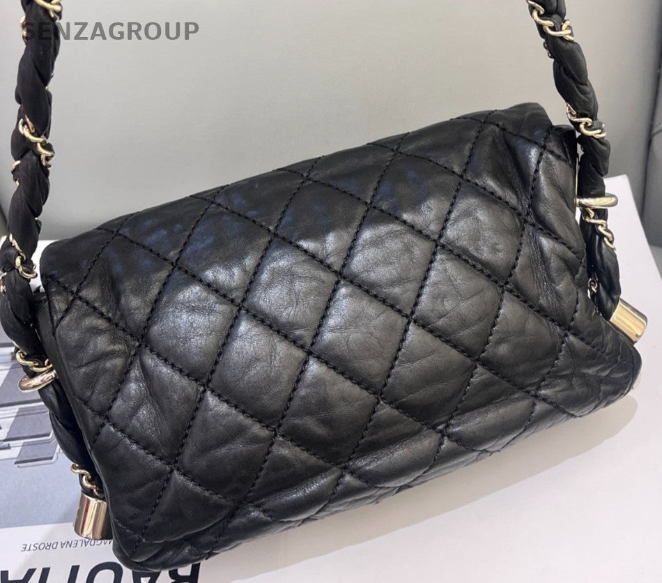 Chanel Classic Flap Chain Shoulder Bag Black Gold Used Women Diamond Pattern