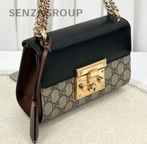GUCCI Padlock GG Monogram Chain Strap Shoulder bag Crossbody Women Black