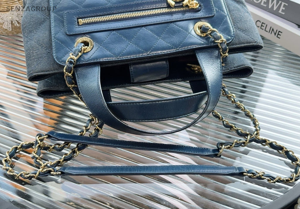 Chanel Denim Tote Handbag Chain Shoulder Bag Blue Gold Women Classic