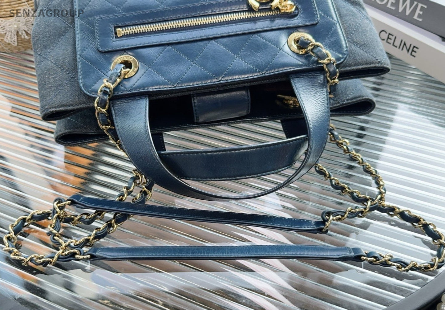 Chanel Denim Tote Handbag Chain Shoulder Bag Blue Gold Women Classic