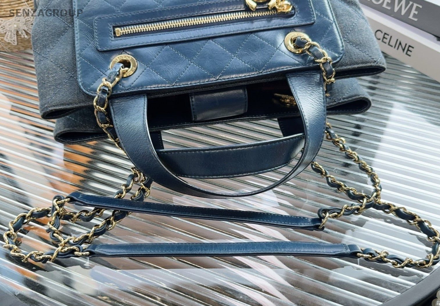 Chanel Denim Tote Handbag Chain Shoulder Bag Blue Gold Women Classic