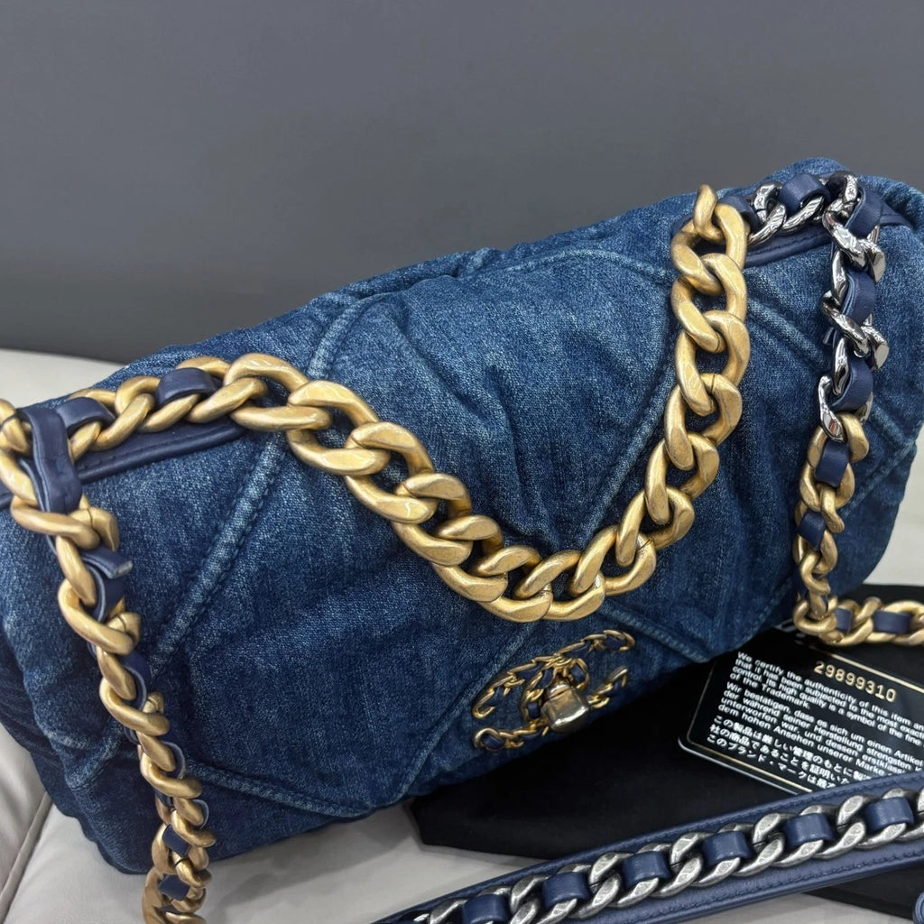 Chanel 19 Small Denim Flap Crossbody Bag Everyday Shoulder Bag Deep Blue Gold