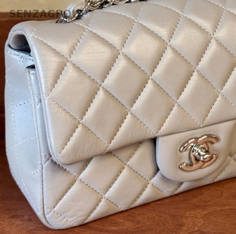 Chanel Classic Flap Mini Chain Shoulder Bag Gray Silver Women Diamond Classic