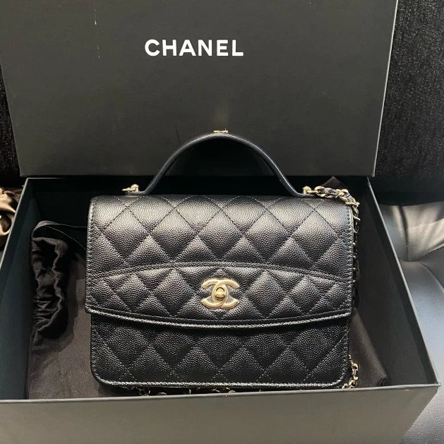 Chanel Calfskin Backpack Mini Top Handle Bag Black Gold Women D
