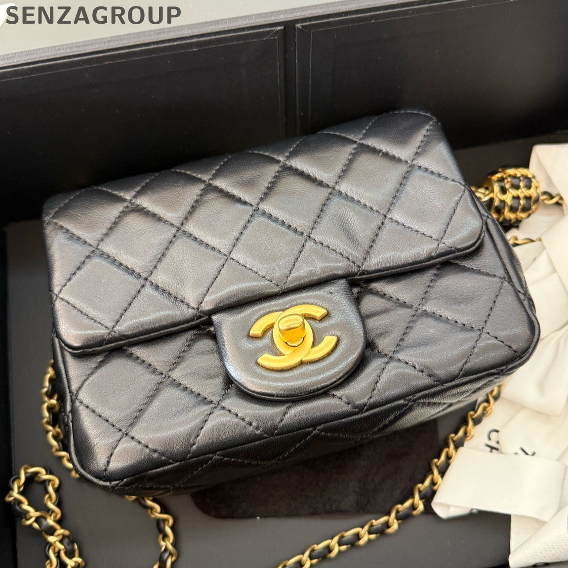 Chanel Classic Flap Quilted Chain Shoulder Bag Black Gold