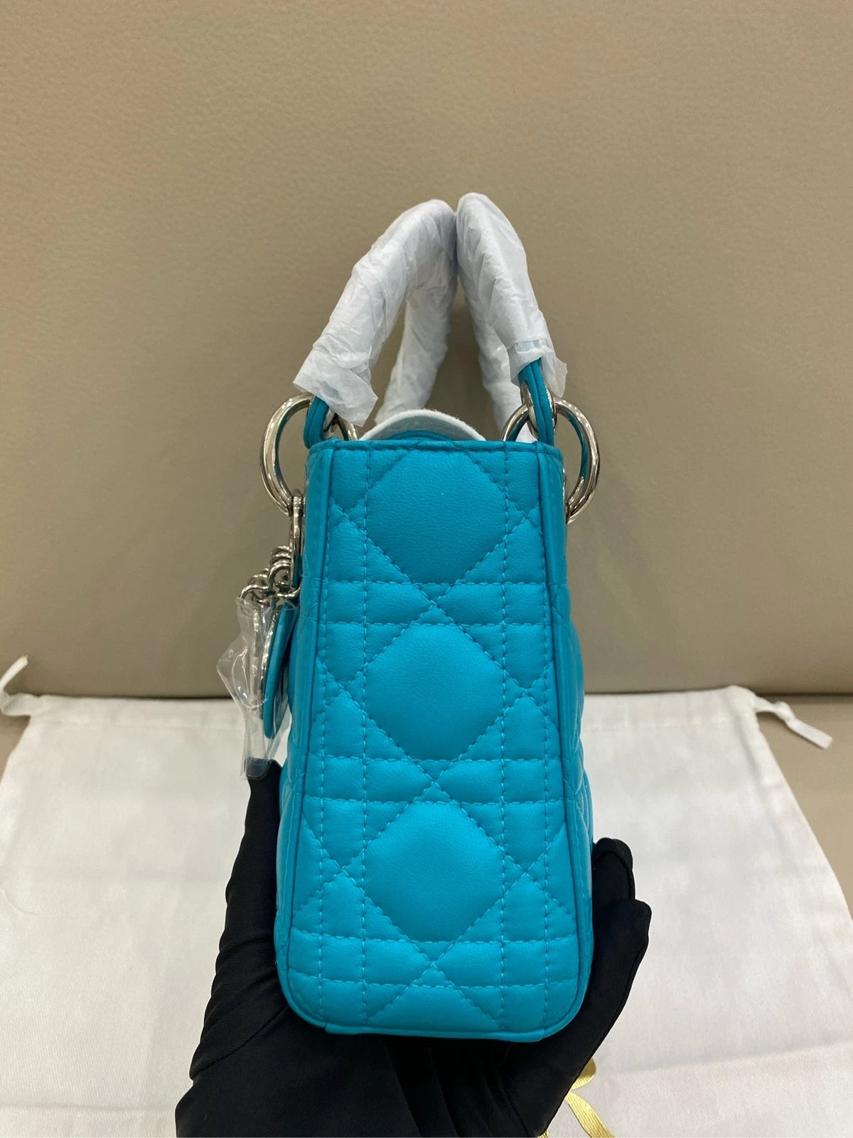Dior Lady Dior Leather Blue Shoulder Bag Excellent