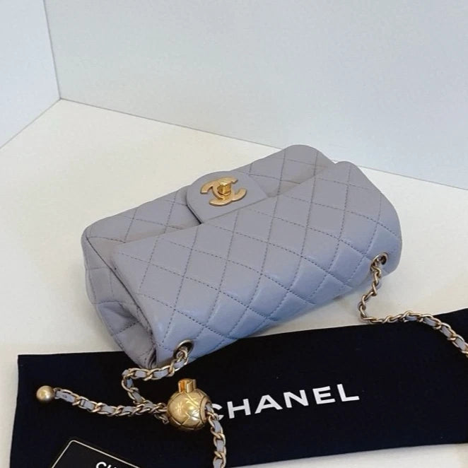 Chanel Classic Flap Mini Chain Shoulder Crossbody Gray Gold Diamond Women