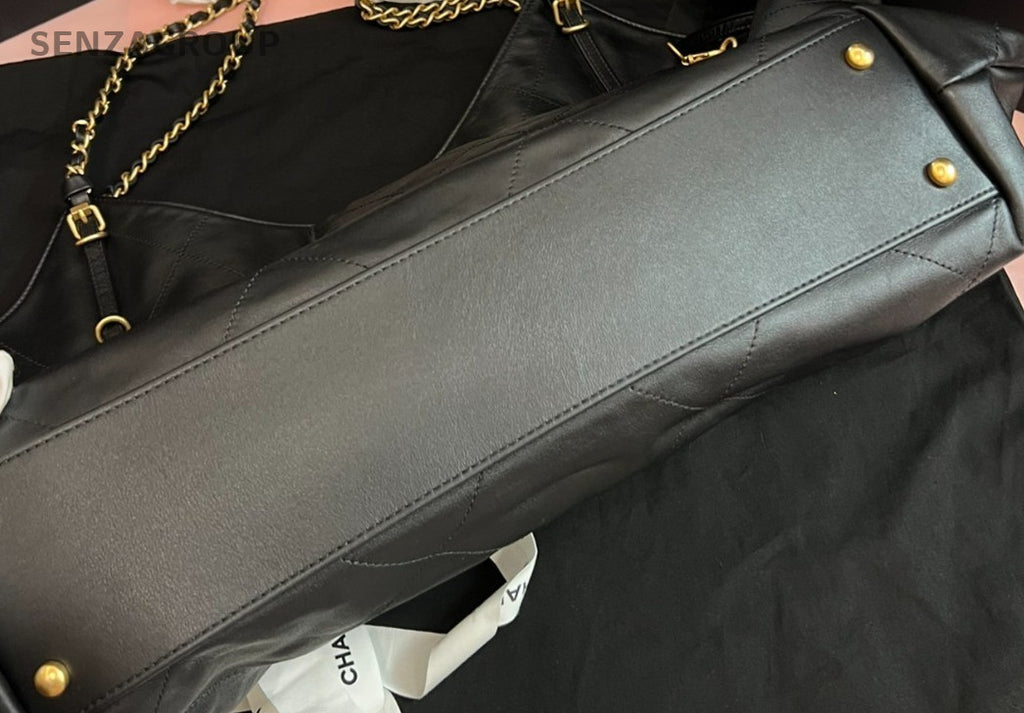 Chanel 25S Maxi Tote Calfskin Chain Shoulder Bag Black Gold Women Classic