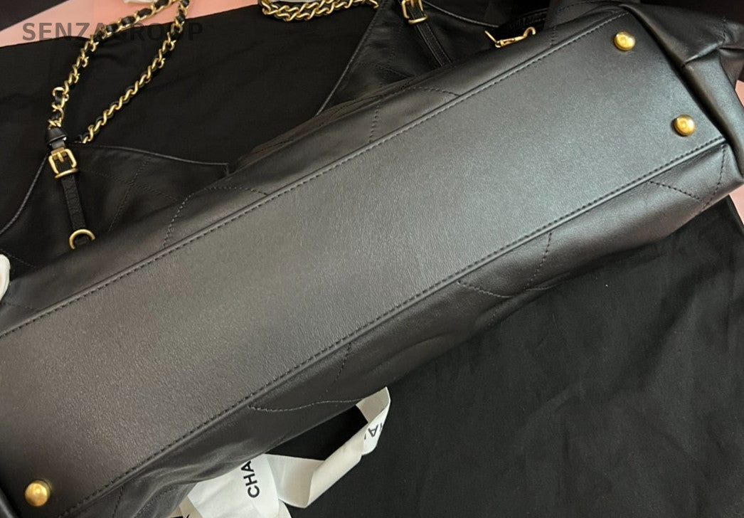 Chanel 25S Maxi Tote Calfskin Chain Shoulder Bag Black Gold Women Classic